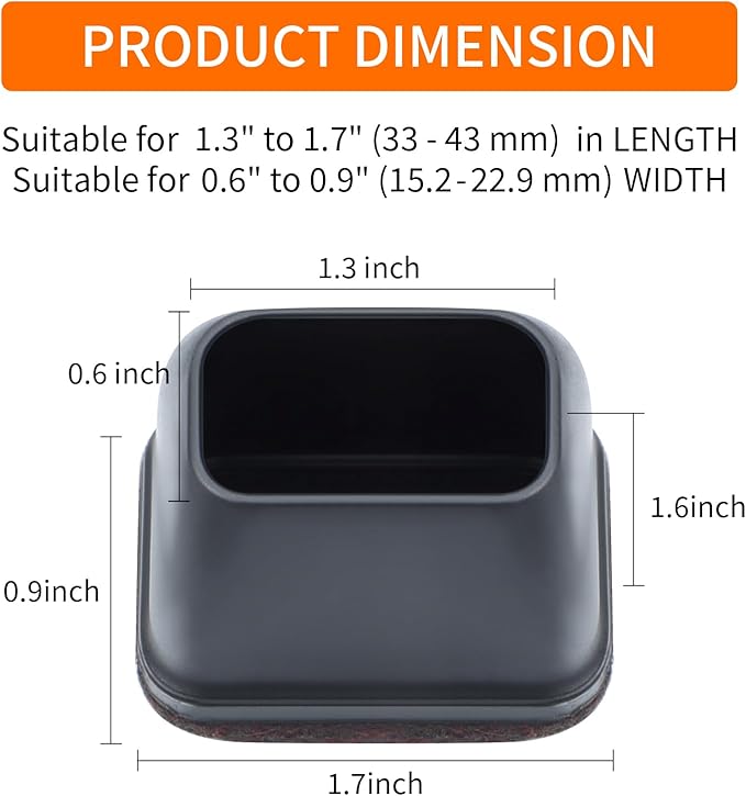 Ezprotekt 16 Pcs Rectangle Black Silicone Chair Leg Floor Protectors, Rectangle Felt Chair Leg Caps, Furniture Leg Covers Cups for Chair Table Desk, Anti- Scratches (Fit L :1.3-1.7", W: 0.6-0.9") - Image 2