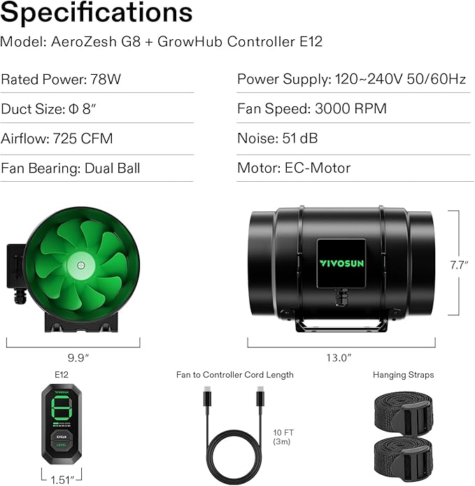 VIVOSUN G8 8" Inline Duct Fan & 3 Cycle Modes E12 Speed Controller, AeroZesh Grow Tent Kit Ventilation Fan with 725 CFM EC Motor, Programmable Exhaust Fan for Heating Cooling Booster, Hydroponics - Image 9