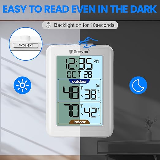 Geevon Digital Hygrometer Indoor Outdoor Thermometer Wireless with Clock, Backlight Temperature Gauge Humidity Monitor, Inside Outside Thermometer with 200ft/60m Range Remote Sensor,White - Image 5