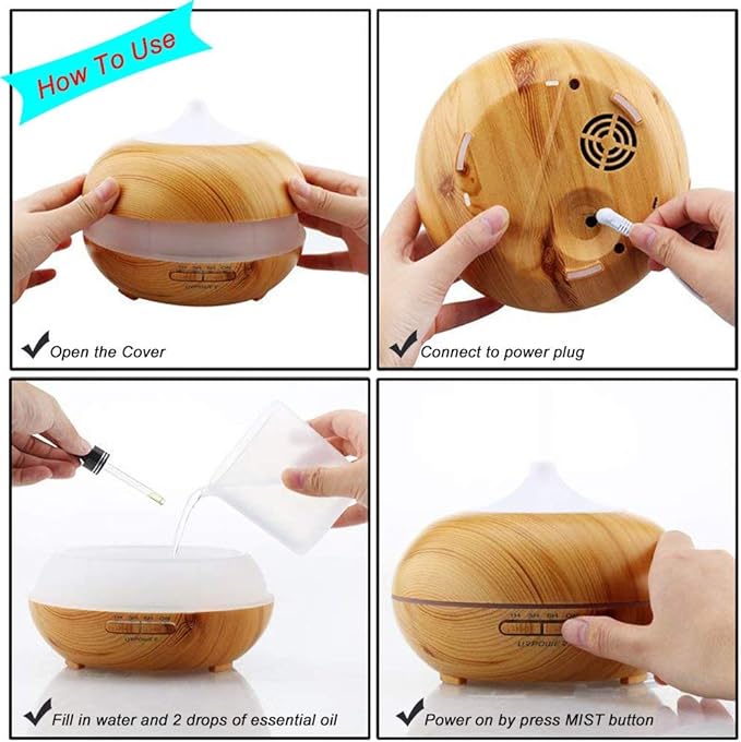 Aroma Essential Oil Diffuser, JoySusie 500ml Wood Grain Ultrasonic Cool Mist Whisper-Quiet Humidifier with Color LED Lights Changing & 4 Timer Settings, Waterless Auto Shut-Off for Spa Baby - Image 4