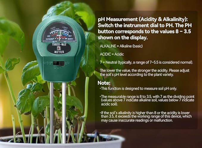 3-in-1 Soil pH Meter - Moisture, Light, and pH Tester for Garden, Lawn, Farm, Indoor & Outdoor Plant Care, Green - Image 6