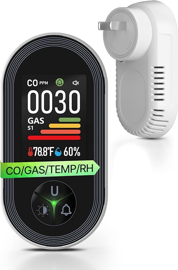 4IN1 Gas & Carbon Monoxide Detector Combination Plug in, CO Gas Monitor with Real-Time Temperature & Humidity Display, Alarm for Natural Gas, Propane by MOES