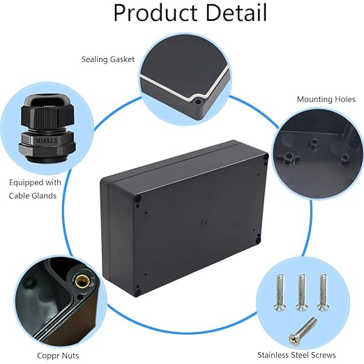 Junction Box IP65 Waterproof ABS Plastic Electrical Project Case Power Junction Boxes, Project Box with 4 PCS M16 Cable Glands 7.87x4.72x2.2 inch (200 x 120 x56 mm) - Image 5