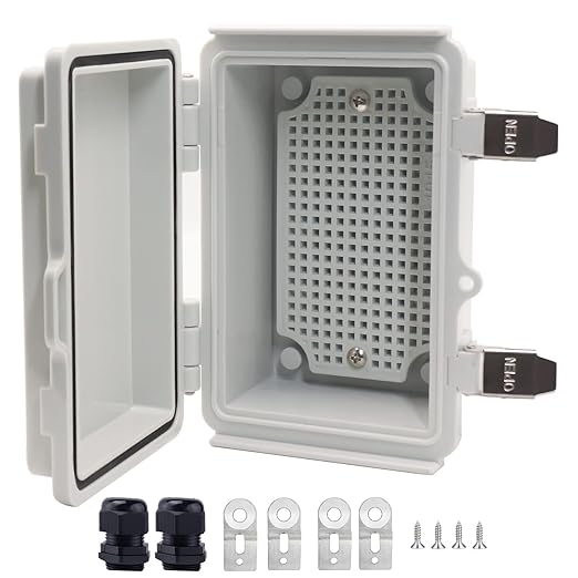 Waterproof Junction Box, ABS Plastic Electrical Box with Stainless Steel Latch, Hinged Cover Electric Project Enclosure Box with Mounting Plate, Wall Brackets & Cable Gland 5.9"x3.9"x2.8" by LuSumtly