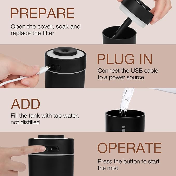 Portable Mini Humidifier, 180ml USB Cool Mist Small Humidifiers for Bedroom, Personal Desktop Humidification for Car Office Travel & Indoor Plants(Black) - Image 6