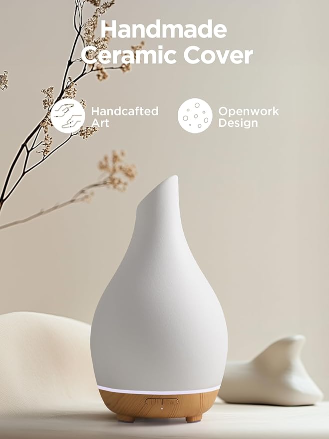 InnoGear Essential Oil Diffuser, 150ml Ceramic Diffuser Handcrafted Stone Aromatherapy Diffusers Ultrasonic Cool Mist Humidifier Vaporizer 2 Mist Modes Waterless for Home, White Vase-Shaped Ceramic - Image 6