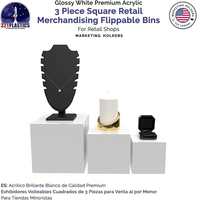 2 Pack Acrylic Display Riser Boxes 3 Piece White Retail Product Riser No Lid with Hollow Bottom 4", 5", 6" High Nesting Bins One Open Side Merchandise Storage Box by Marketing Holders - Image 3