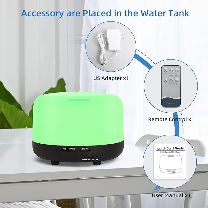 300ML Essential Oil Diffuser, Electric Ultrasonic Aromatherapy Air Humidifier vaporiser, Aroma Diffuser with Remote Control 7 LED Light Colors Waterless Auto-Off. - Image 6