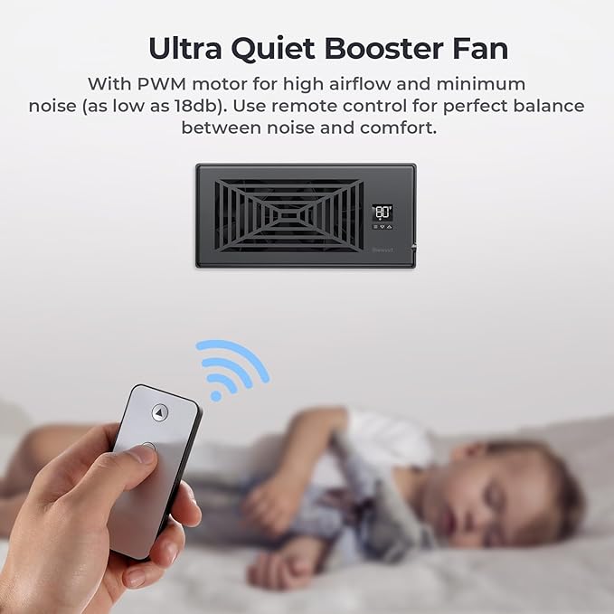 Quiet Register Booster Fan Fits 4" x 10" Register Holes, 10-Speed Smart Heating Cooling AC Vent Fan with Remote Control and Thermostat Control - Black - Image 5