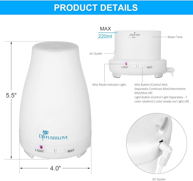 Diffuserlove 2 Pack 200ml Essential Oil Diffuser Ultrasonic Aromatherapy Diffuser with Waterless Auto Shut-Off Aroma Cool Mist Humidifiers with 6 Bottles of Natural Essential Oils /7 Color LED Lights - Image 7