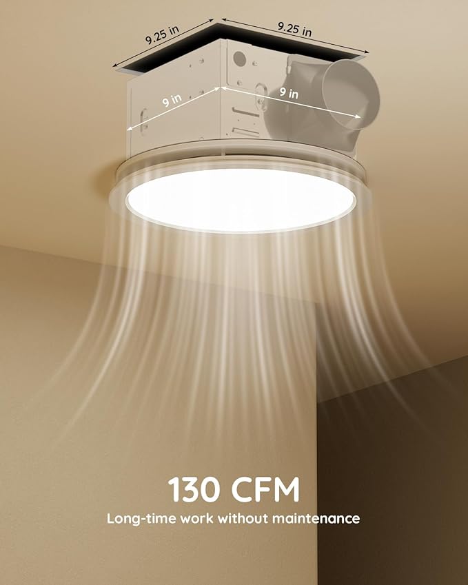 Fitop Bathroom Exhaust Fan with Light,130 CFM 47W 1100LM Ceiling Mount Shower Ventilation Exhaust Fan, 1.5Sones Bathroom Vent Fan with Light, Fan LED Light 3000K/4000K/5000K - Image 2