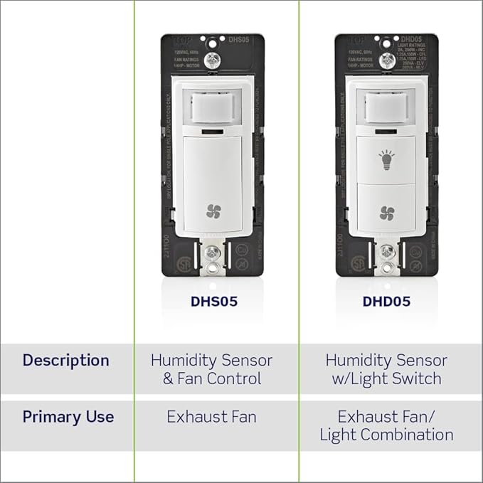 Leviton Dual Combination Humidity Sensor with Separate Light Switch, Automate Bathroom Exhaust Fan, Air Circulation, Moisture Control, Single Pole/Single Pole, ¼ HP, DHD05-1LW, White - Image 10