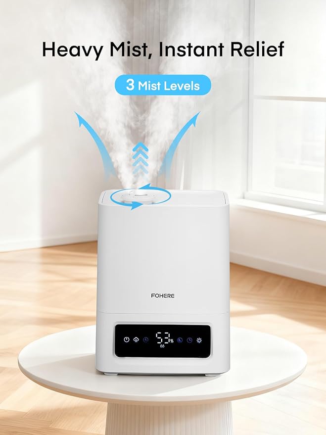 FOHERE 6L Humidifiers for Bedroom, 60H Cool Mist Humidifier for Large Room, 28dB Ultra-Quiet Runtime for Baby, Indoor, Plants, Smart Humidity Sensor, 16H Timer, Night Light, Oil Diffuser, White - Image 2