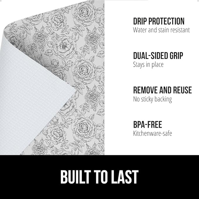 GORILLA GRIP DripGuard Shelf Liner, Non-Adhesive Drawer and Kitchen Cabinet Protector, Strong Grip Slip Resistant Underside, Smooth Surface Liners for Cabinets, Bathroom Closets, 12x120 In Floral Gray - Image 2