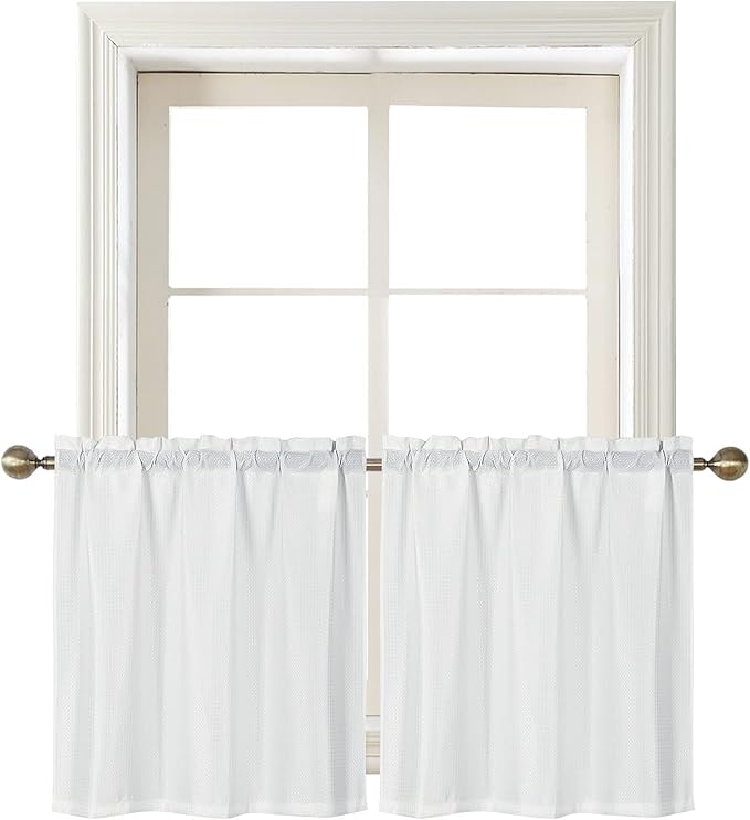 Home Queen White Waffle Bathroom Window Curtains, Water Repellent Rod Pocket Kitchen Drapes for Small Window, 2 Panels, 24 W X 36 L Inch Each by HomeQueen