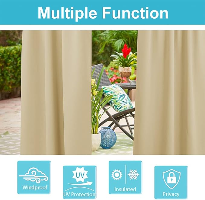 RYB HOME Extra Wide Outdoor Curtains for Patio Waterproof Tab Top Heavy Duty Thermal Insulated in Summer Full Coverage Privacy for Porch, Gazebo & Pergola, W100 x L108, Cream Beige, 1 Panel - Image 8