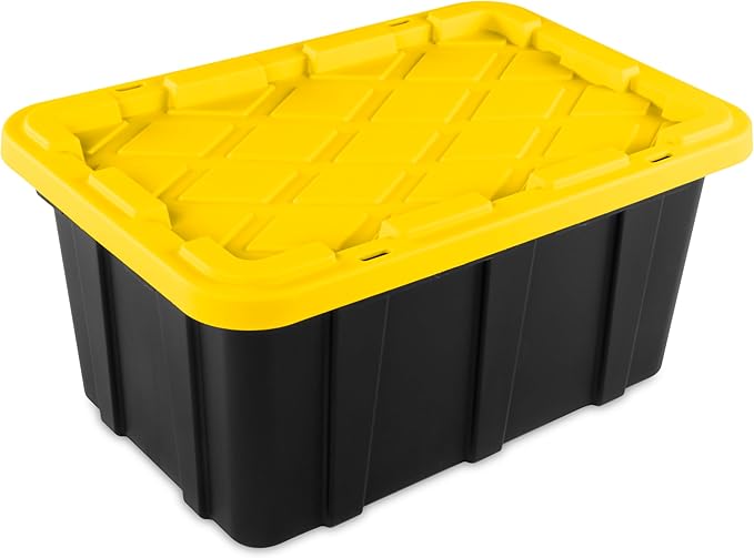 Sterilite 17 Gal Industrial Tote, Stackable Storage Bin with Snap-Fit Lid for Garage, Basement & Attic Storage, Black Base and Yellow Lily Lid, 6-Pack - Image 4