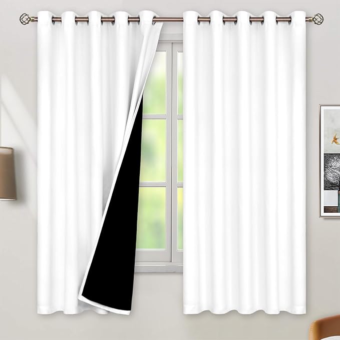 BGment Thermal Insulated 100% Blackout Curtains for Bedroom with Black Liner, Double Layer Full Room Darkening Noise Reducing Grommet Curtain (60 x 63 Inch, White, 2 Panels) by BGment