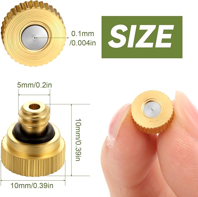 Zhengmy 100 Pcs 0.1mm Brass Misting Nozzles, Mister Nozzles Brass for Outdoor Cooling System Orifice 10/24 UNC Replacement Heads for Outdoor Cooling System - Image 2