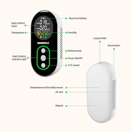 INKBIRDPLUS PM2.5 Indoor Air Quality Monitor, Portable PM2.5 PM10 and Temperature Humidity Detector, with Sound and Light Dual Alert, PM2.5 PM10 Indication, for Home, Office, School - Image 7