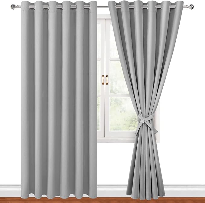 Hiasan Grommet Blackout Curtains for Bedroom, 70 x 84 Inches - Thermal Insulated & Light Blocking Window Drapes for Living Room/Dorm Room, Set of 2 Panels Sewn with Tiebacks, Silver Grey by Hiasan