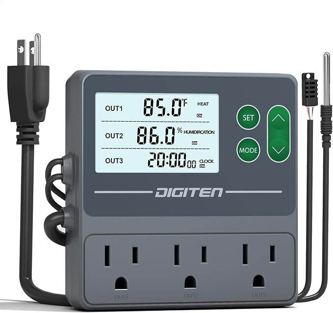DIGITEN Temperature and Humidity Controller with Timer - 3 Outlet, 2 Separate Probes, Plug in Temperature Controller for Reptiles,Snake, Mushrooms, Tent, Triple Control for Temp,Humidity,Time by DIGITEN
