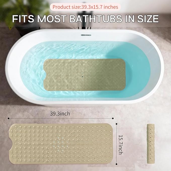 Anti-Slip Bathtub Shower mat, 39.3×15.7 inch（Approximately 100 × 40cm） Soft Oversized Machine Washable Non-Slip Bathtub mat with Drainage Holes, Bathroom Floor Suction Cup.（1-Opaque Khaki） - Image 3