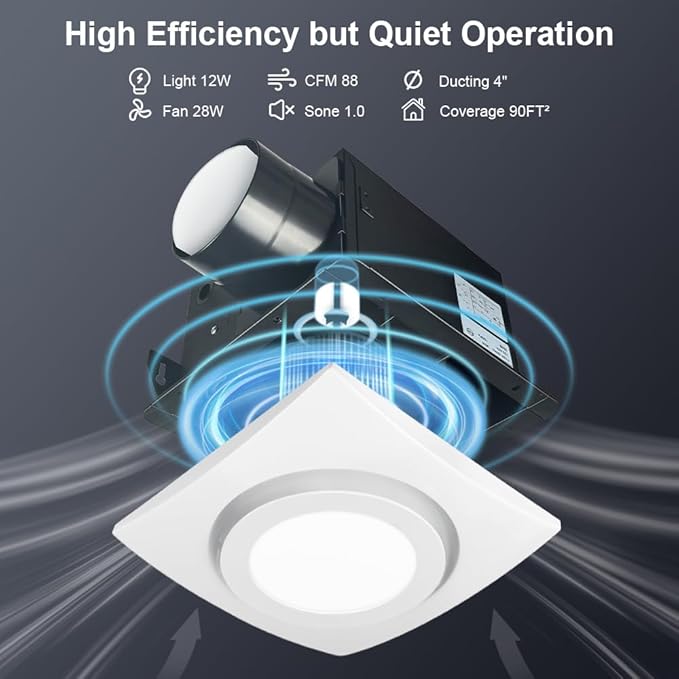88CFM 1.0 Sone Bathroom Exhaust Fan with Light, Ultra-Quiet Bathroom Vent Fan Extractor with 6FT Flexible Ducting Hose and Clamps, Ceiling Mount Ventilation Shower Bath Fan - Image 5