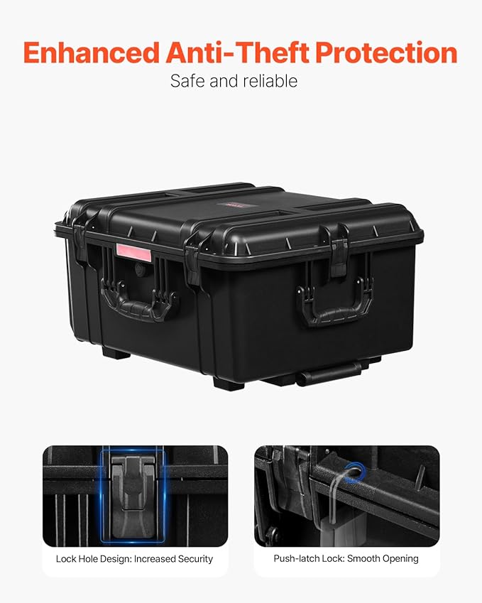 VEVOR Weatherproof Hard Case, Heavy Duty Protective Dry Box Case with Pre-Cut Foam, Wheel Retractable Pull Handles for Travel, Hunt, Military, Tactical, IP67 Waterproof Case for Camera(24.8*19.7*12.5) - Image 5