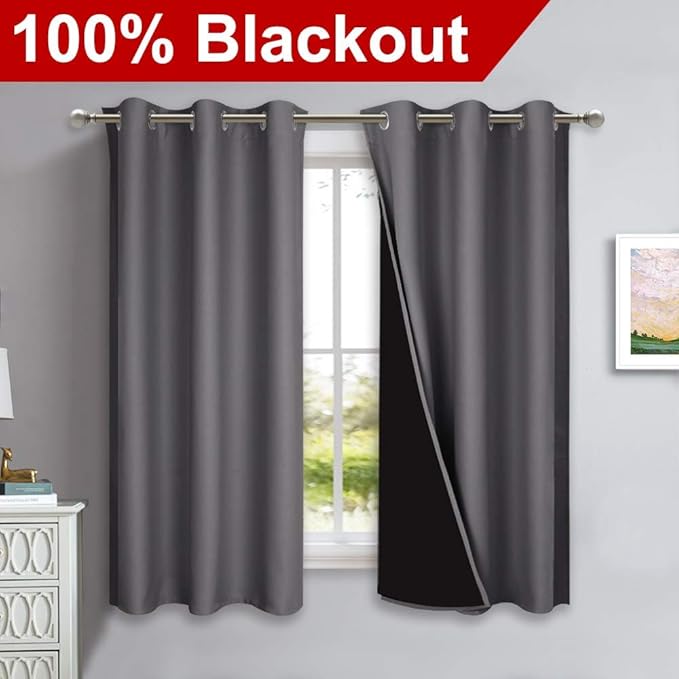 NICETOWN 100% Blackout Curtains with Black Liners, Thermal Insulated Full Blackout 2-Layer Lined Drapes, Energy Efficiency Window Draperies for Bedroom (2 Panels, 42 inches W by 63 inches L, Grey) - Image 2