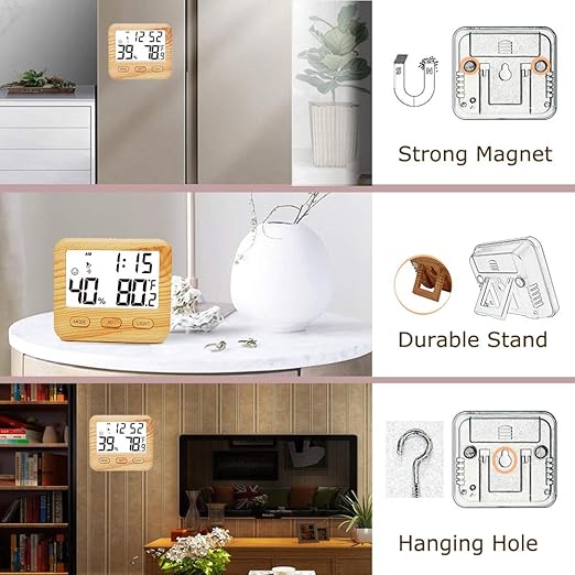 Digital Hygrometer Indoor Thermometer, Temperature Humidity Gauge with Desk Clocks for Bedroom Office,Backlit Accurate Monitor Clear Reading,Time Display Room Thermometer for Home Greenhouse Wooden - Image 5