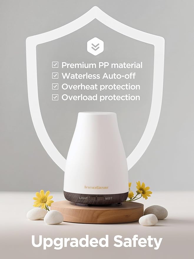 InnoGear Essential Oil Diffuser, Ultrasonic Diffusers for Home Aromatherapy Humidifier for Bedroom Room 7 Colors LED 2 Mist Mode Auto Off, Brown Base - Image 5