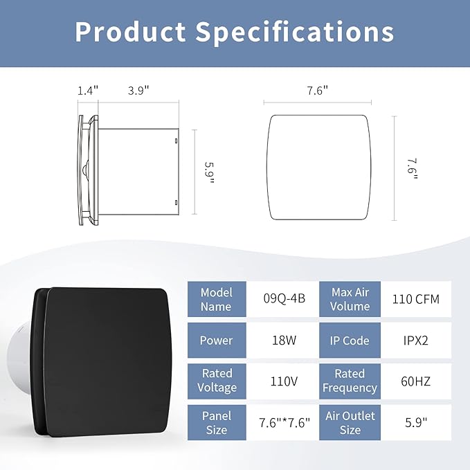 Zeyzer Black Bathroom Fan 110 CFM 1.0 Sone 5.9" Duct Square Ceiling or Wall Mount Ventilation Exhaust Fan for Bathroom/Corridor/Office/Laundry Room/SHop - Image 3