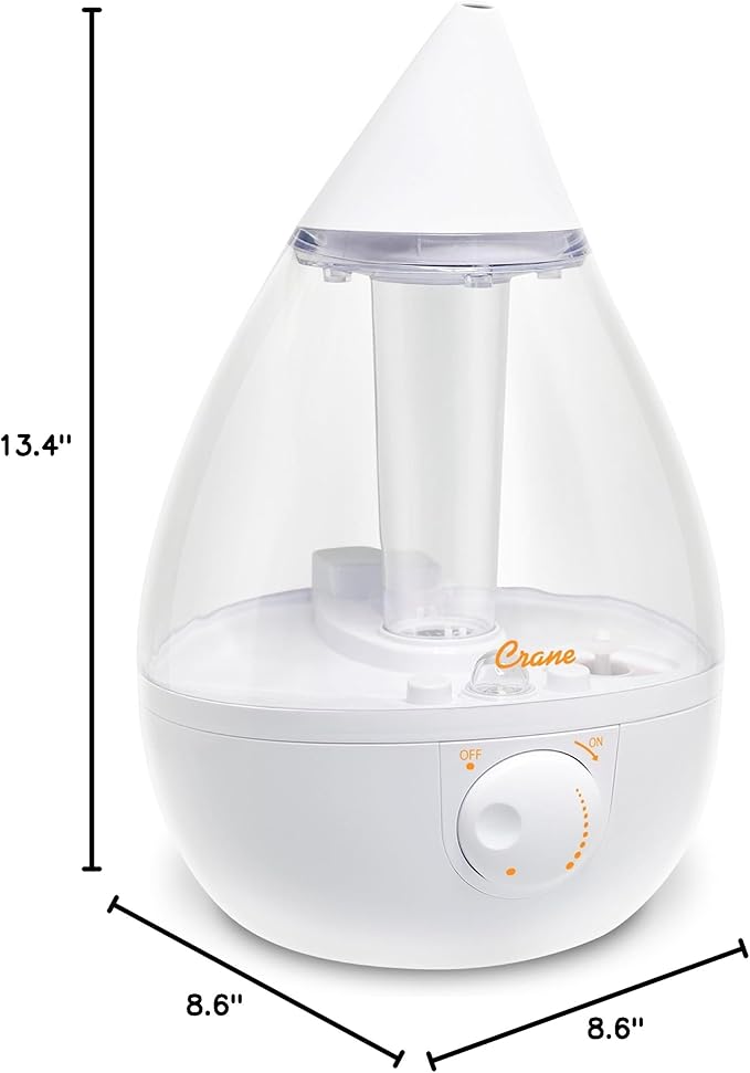 Crane White Teardrop Ultrasonic Cool Mist Humidifier, 1 Gallon Auto Shut-Off for Large Room, Baby Nursery, Bedroom Office, Clear & White - Image 9