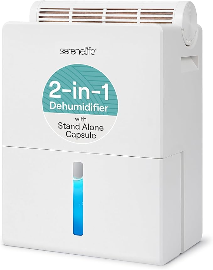 SereneLife 2-in-1 91 Oz Dehumidifier For Home, Bedroom, Bathroom, Basement with Removable Cylinder & Drying Base, Timer, Sleep Mode, & Smart Humidity Control, Covers 1200 Sq Ft 9 x 6 x 13 in, White - Image 3