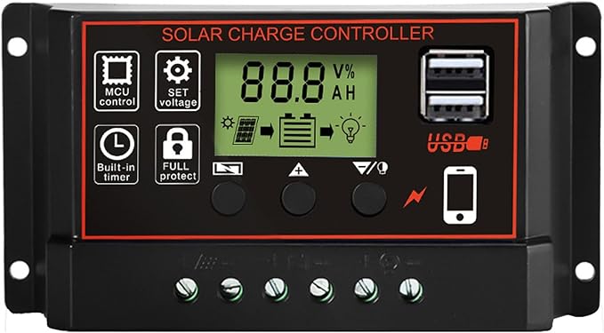 Solar Charge Controller, Solar Panel Charge Controller Intelligent Regulator with Dual USB Port 12V/24V, Auto Paremeter Adjustable LCD Display PWM（Black, 30A） - Image 3