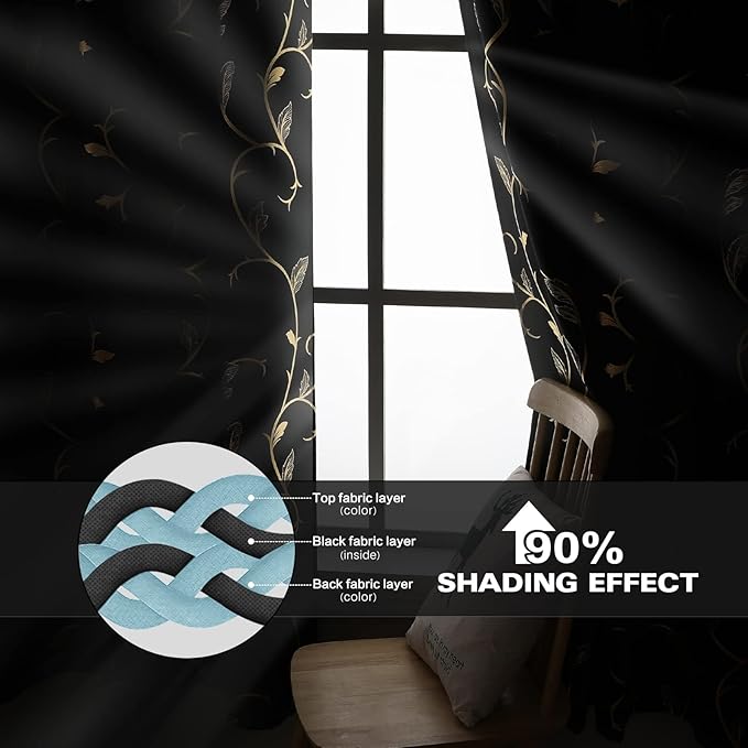 BUHUA Black Blackout Curtains with Gold Wave Line Foil Design,Room Darkening Curtains 84 Inches Long,Noise Reducing Blackout Drapes,Sliding Door Curtains Thermal for Living Room 2 Panels Set,52W×84L - Image 5