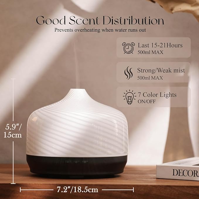 Porseme 500ml Glass Essential Oil Diffuser Aromatherapy Ultrasonic Cool Mist Humidifier 15-21 Running Hours Waterless Auto-Off Air Diffusers for Sleeping Yoga Office Working Spa and Rest (Pure White) - Image 3
