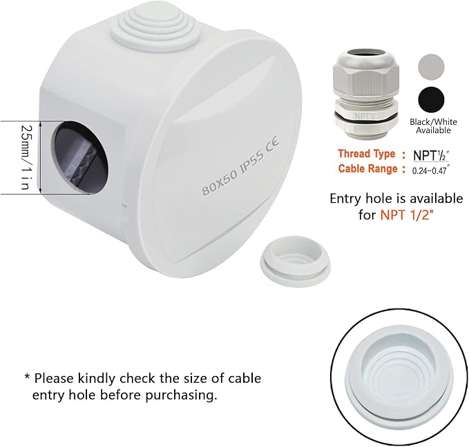 LeMotech Junction Box, ABS Plastic IP55 Water Resistant and Dustproof, Universal Electrical Enclosure, Outdoor and Indoor Project Box D3.1 x H2.4 inch (D80 x H60 mm) - Image 5