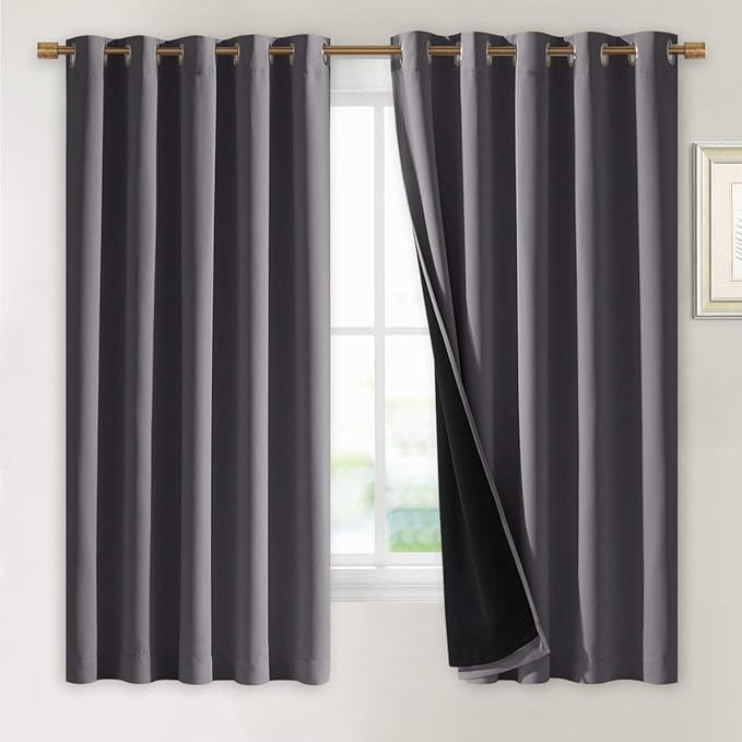 NICETOWN 100% Blackout Curtains with Black Liners, Thermal Insulated Full Blackout 2-Layer Lined Drapes, Energy Efficiency Window Draperies for Bedroom (Grey, 2 Panels, 70-inch W by 63-inch L) - Image 2