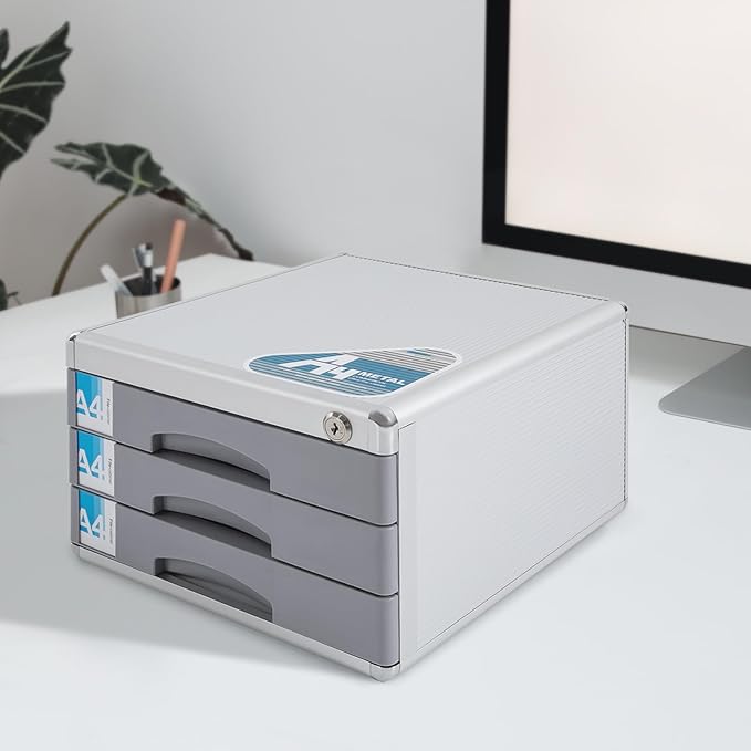 3 Tier Desktop Drawer Organizer, 3 Drawers Aluminum Alloy File Organizer, Drawers Built in Letter Tray and Slot Document Storage Box with Key for Offices School - Image 5