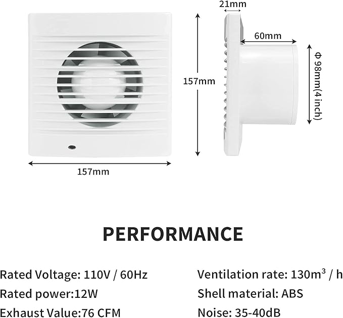 HUGOOME Exhaust Fan 76 CFM, 12W 130m³/h Ventilation Extractor with Anti-backflow Check Valve Chain Switch, Window and Wall Mount Vent Fan(4 inch / 110V) - Image 5