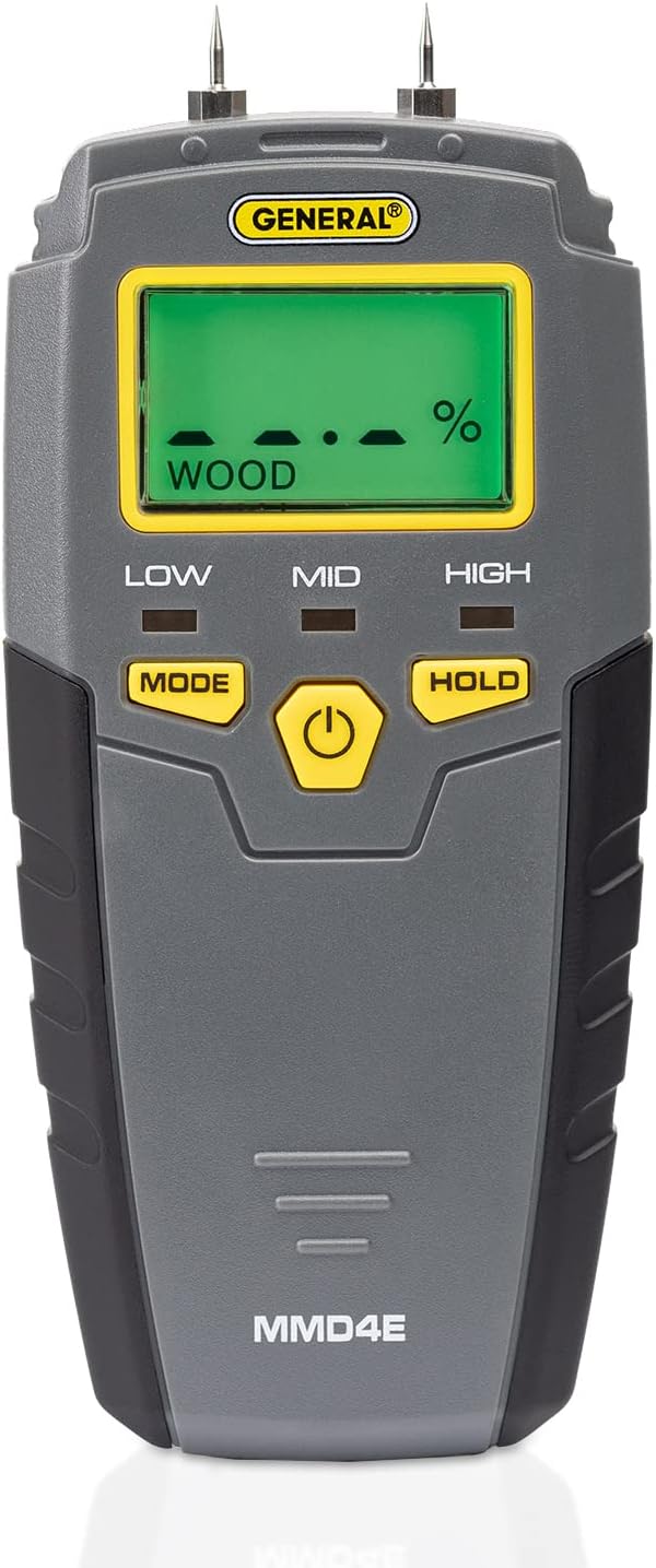 General Tools MMD4E Digital Moisture Meter, Water Leak Detector, Moisture Tester, Pin Type, Backlit LCD Display With Audible and Visual High-Medium-Low Moisture Content Alerts, Grays by GeneralTools