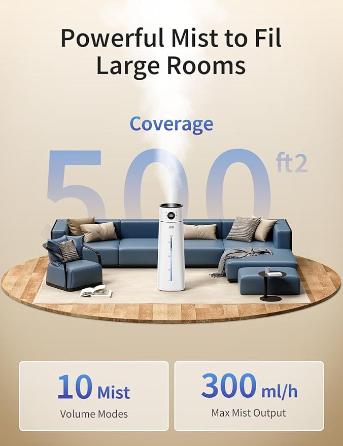 JRD Humidifier Large Room 8L/ 2.1Gal, Ultrasonic Cool Mist for Bedroom, Quiet Humidifier with Remote Control, 10 Mist Modes, 24H Timer, Night Light, AI Mode, 40H Run for Home Office Baby Pets Plants - Image 2