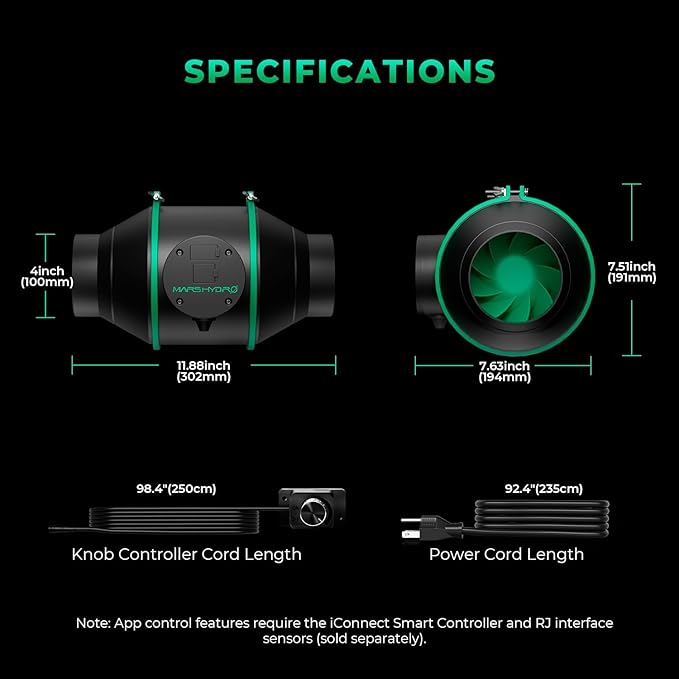 Mars Hdyro iFresh 4 Inch Smart Inline Duct Fan with Variable Speed Controller, 205 CFM App Control Ventilation Exhaust Fan for Grow Tents, Hydroponics - Image 8