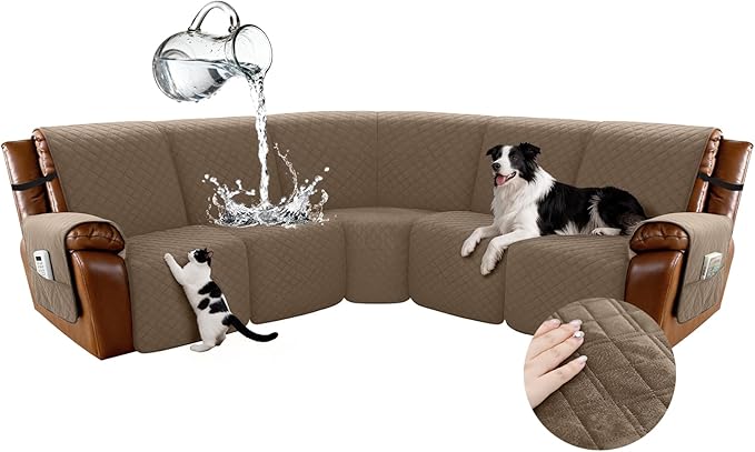 Arfntevss Waterproof Recliner Sectional Couch Covers for Reclining Sectional L Shape Sofa Cover Non Slip Washable Recliner L Shaped Slipcover Sets for Dog Furniture Protector (5 Seater, Light Brown) by Arfntevss