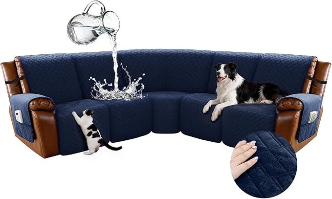 Arfntevss Waterproof Recliner Sectional Couch Covers for Reclining Sectional L Shape Sofa Cover Non Slip Washable Recliner L Shaped Slipcover Sets for Dog Furniture Protector (5 Seater, Navy Blue) by Arfntevss