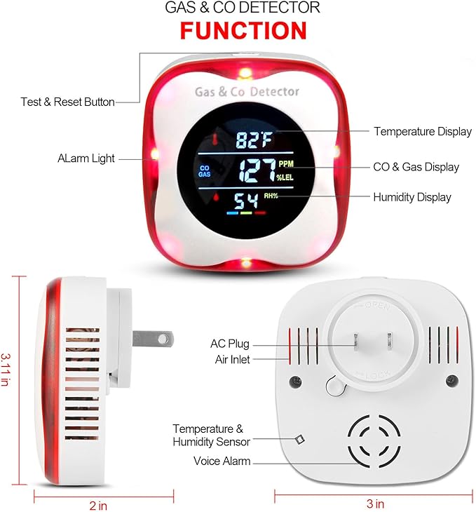 Combustible Gas & Carbon Monoxide Detector 4-in-1 Alarm with Temp/Humidity Sensor – Plug-in CO/Gas Leak Detector for Home, RV, Apartment Safety (Explosive Gas & CO Detection) (CO&Gas, 1-Pack) - Image 3