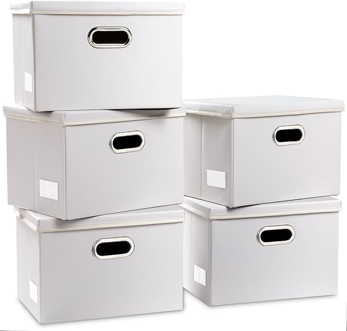 PRANDOM Foldable Storage Bins with Lids [5-Pack] Leather Fabric Collapsible Storage Boxes Organizer Containers Baskets Cube with Cover for Bedroom Closet Office Nursery White (14.9x10.8x10) by Prandom