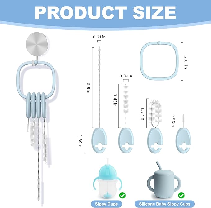 YOTIME Standing Straw Cleaner Brush Set, 4in1 Reusable Straw Brushes with Holder Ring, for Baby Bottles, Sippy Cups and Lids, Blue - Image 2
